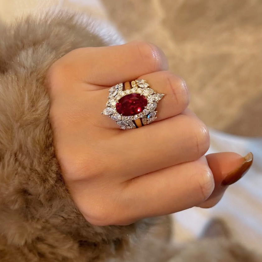val Cut Ruby Halo Wedding