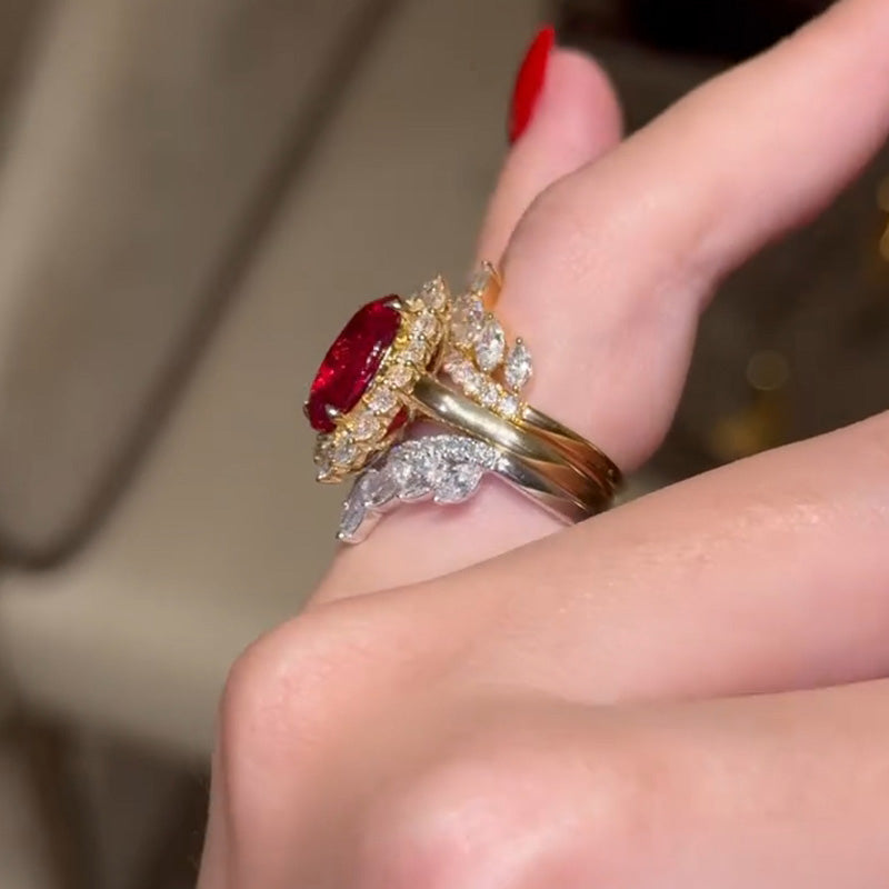 val Cut Ruby Halo Wedding